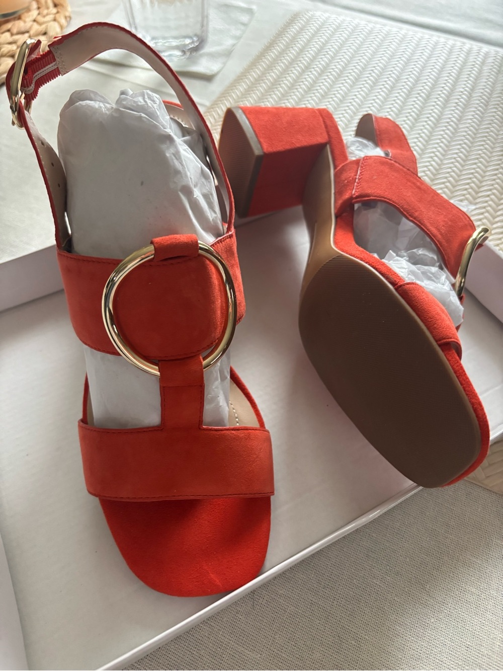 Alfani Orange Suede Block Heel Sandals with Gold Ring Accent